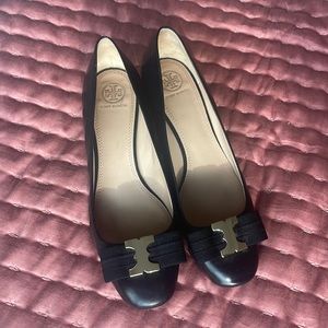 Tory Burch black leather low block heels with gold detail